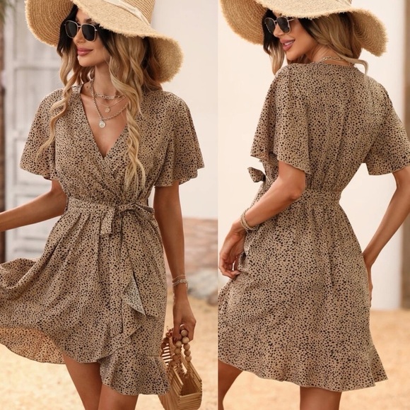 Leopard print dot animal v neck wrap dress mini boho ruffle belted tan - Picture 1 of 3